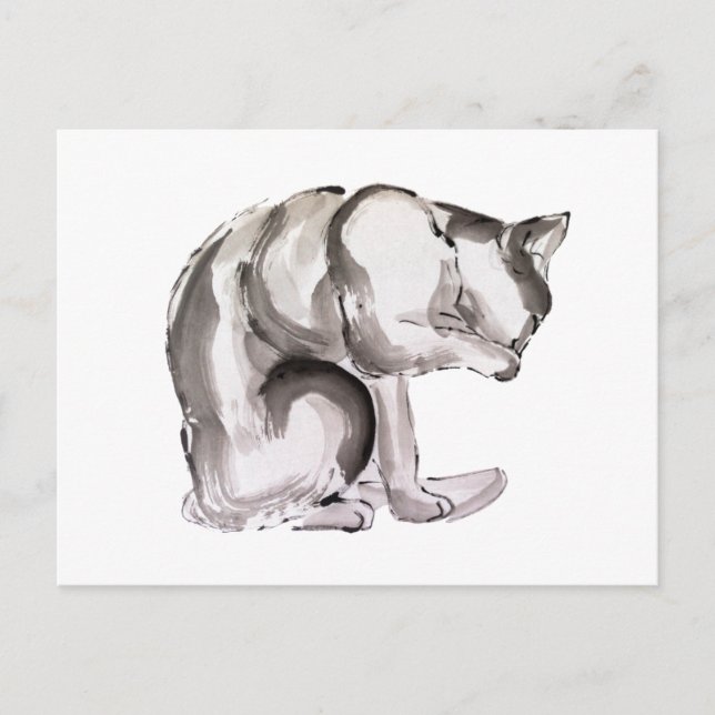 Cat washing sumie ink painting postcard (Front)