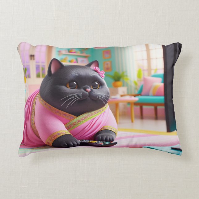 Cat watching TV in the living room Accent Pillow (Front)