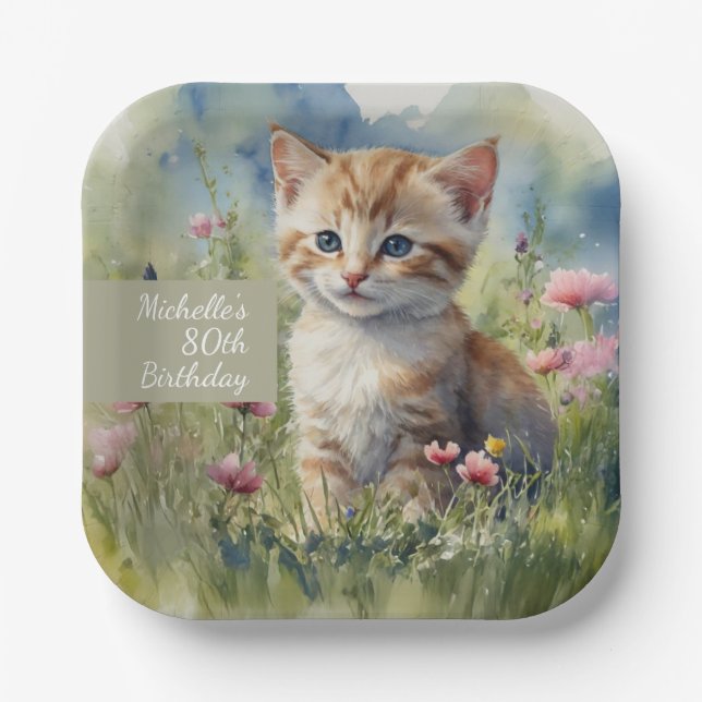 Cat Watercolor Flowers 80th Birthday Paper Plates (Front)