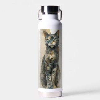 Cat watercolor painting beautiful calico kitty water bottle