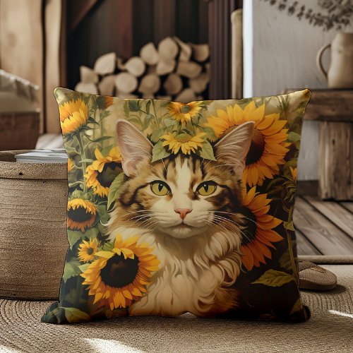 Cat Watercolor Sunflowers Floral Painting Throw Pillow