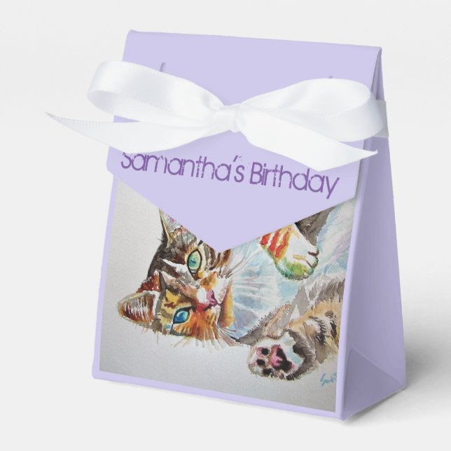 Cat Watercolour Birthday Party Cake Favor Box (Front Side)