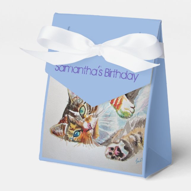 Cat Watercolour Birthday Party Cake Favor Box (Front Side)