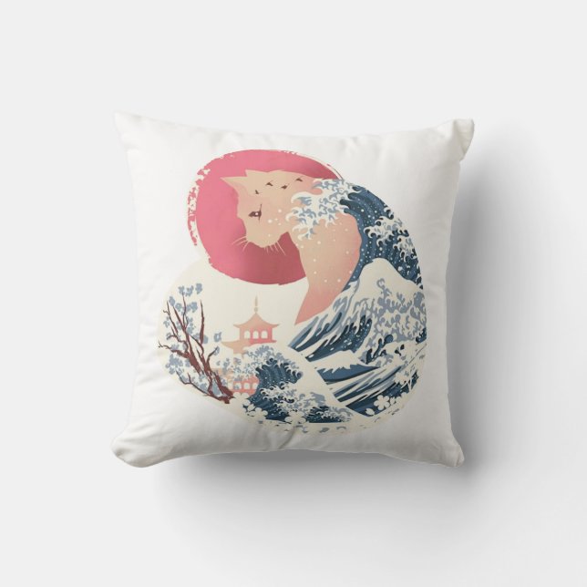 Cat Wave Silhouette Throw Pillow (Front)
