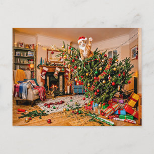 Cat Waving From Christmas Tree Postcard