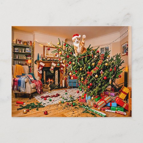Cat Waving From Christmas Tree Postcard