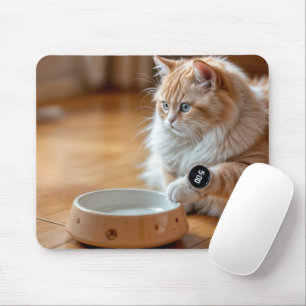 Cat Wearing a Digital Watch By Food Bowl Mouse Pad