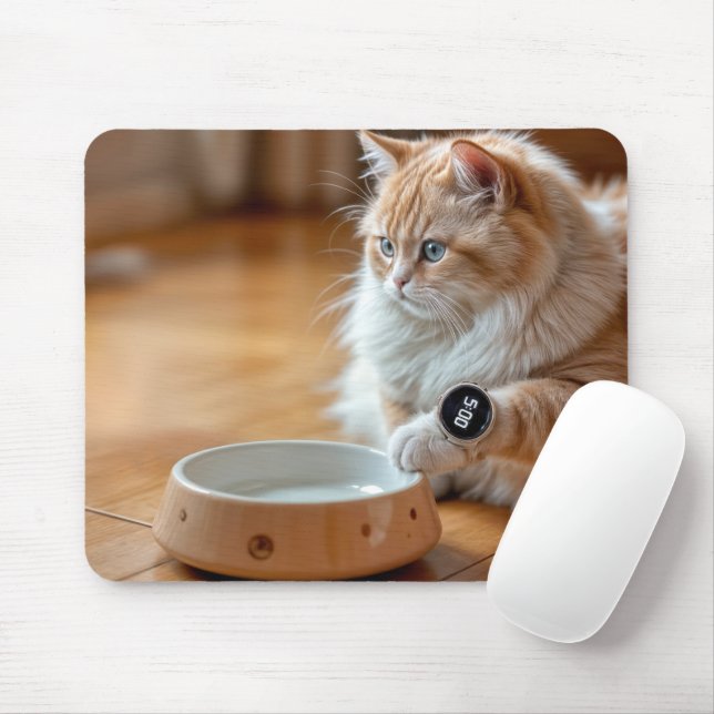 Cat Wearing a Digital Watch By Food Bowl Mouse Pad (With Mouse)