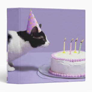 Cat wearing birthday hat blowing out candles 3 ring binder