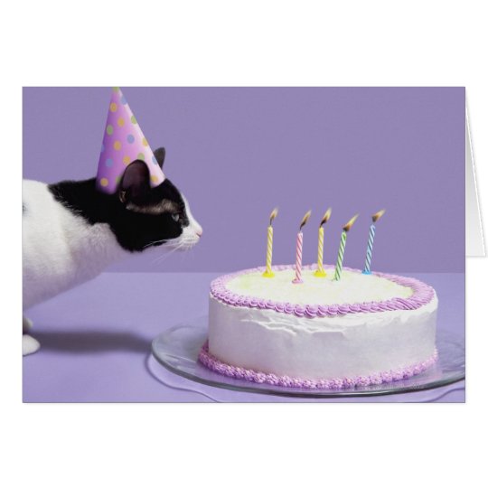Cat wearing birthday hat blowing out candles card