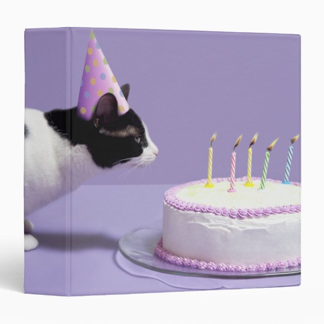 Cat wearing birthday hat blowing out candles on 3 ring binder (Front/Spine)
