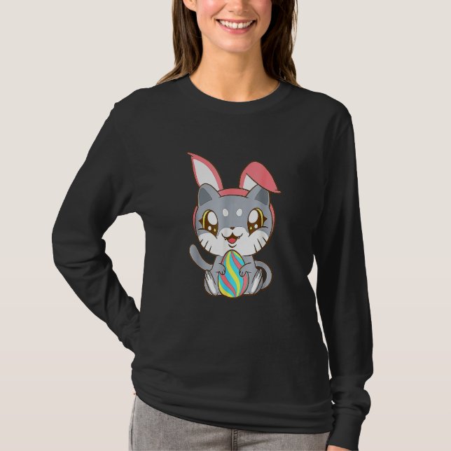 Cat Wearing Bunny Ear Bunny Kitty Cat  Happy Easte T-Shirt (Front)