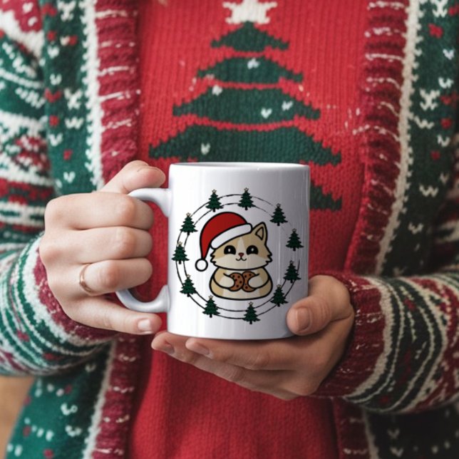 Cat wearing Christmas hat with Christmas Trees Coffee Mug (Creator Uploaded)