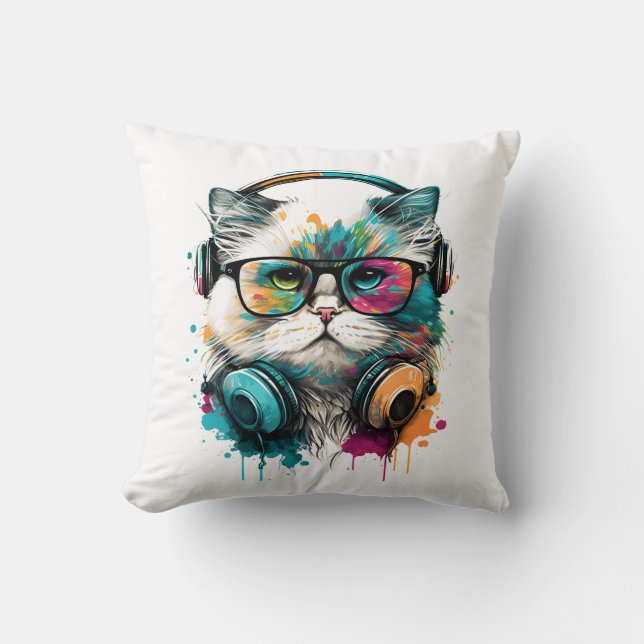 Cat Wearing Glasses and Headset Throw Pillow (Front)