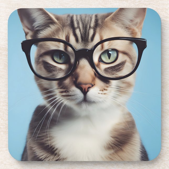 Cat Wearing Glasses Beverage Coaster (Front)