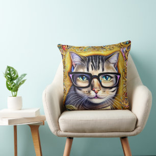 Cat Wearing Glasses Holding a Book Artwork Throw Pillow