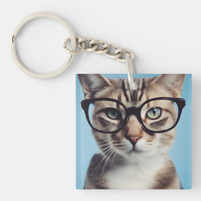 Cat Wearing Glasses Keychain (Front)