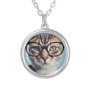 Cat Wearing Glasses Silver Plated Necklace