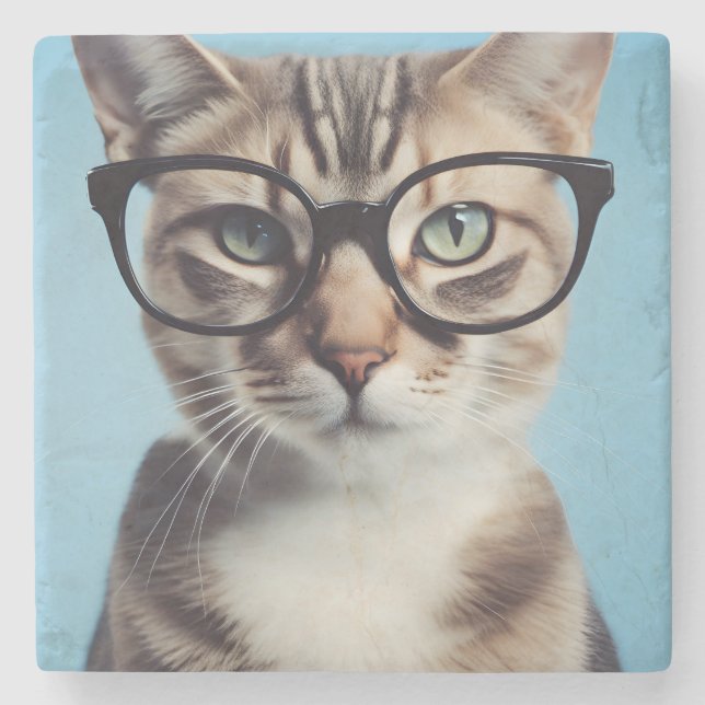 Cat Wearing Glasses Stone Coaster (Front)