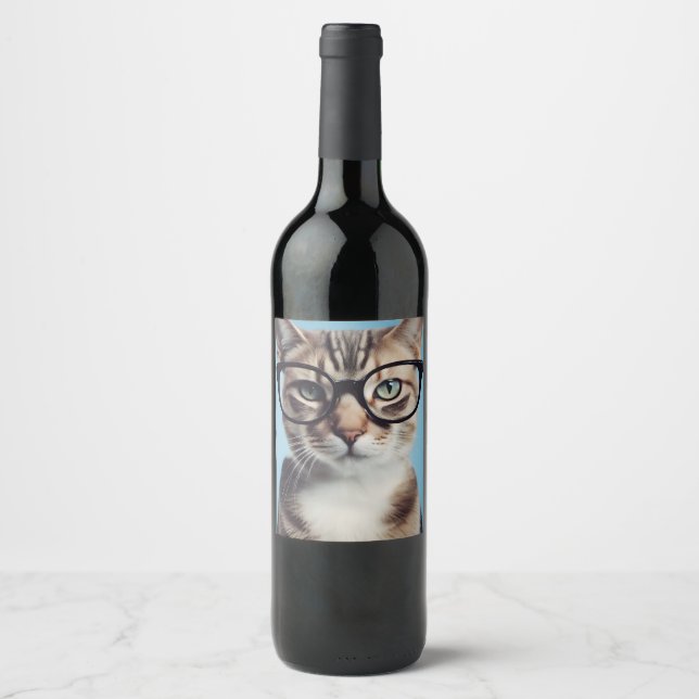 Cat Wearing Glasses Wine Label (Front)