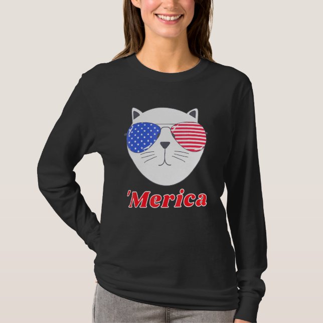 Cat Wearing Merica Sunglasses 4th Of July American T-Shirt (Front)