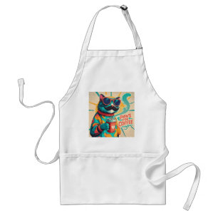 Cat wearing oversized sunglasses, holding a coffee adult apron