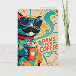 Cat wearing oversized sunglasses, holding a coffee foil greeting card