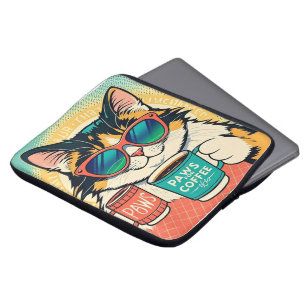 Cat wearing oversized sunglasses, holding a coffee laptop sleeve