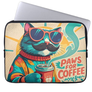 Cat wearing oversized sunglasses, holding a coffee laptop sleeve