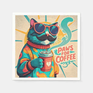 Cat wearing oversized sunglasses, holding a coffee napkins