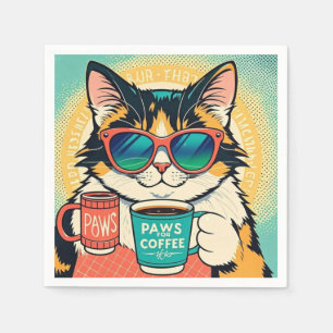 Cat wearing oversized sunglasses, holding a coffee napkins