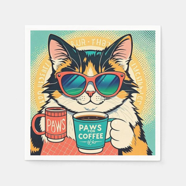 Cat wearing oversized sunglasses, holding a coffee napkins (Front)