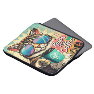 Cat wearing oversized sunglasses with coffee laptop sleeve