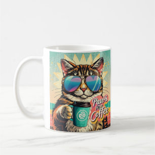 Cat wearing oversized sunglasses with coffee mug