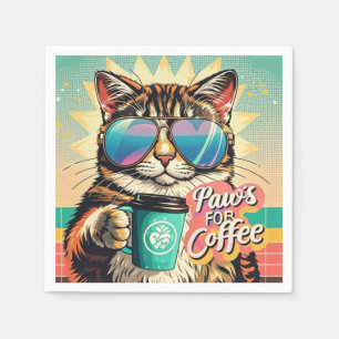 Cat wearing oversized sunglasses with coffee napkins