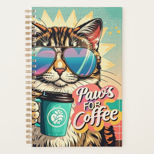 Cat wearing oversized sunglasses with coffee planner (Front)