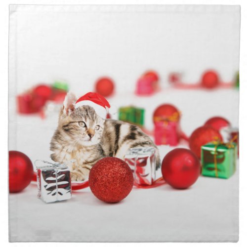Cat wearing red Santa hat Christmas Ornament Cloth Napkin