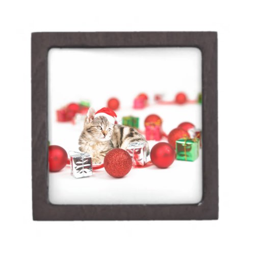 Cat wearing red Santa hat Christmas Ornament Jewelry Box