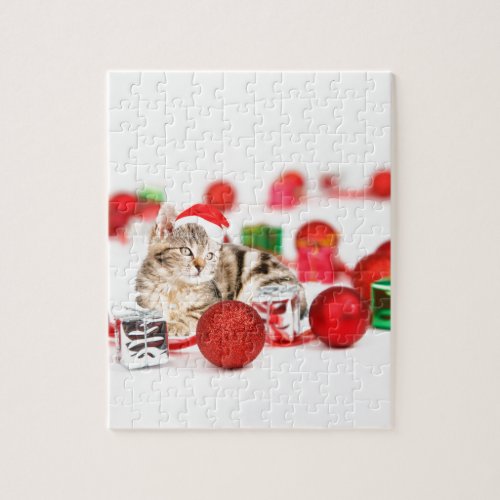 Cat wearing red Santa hat Christmas Ornament Jigsaw Puzzle