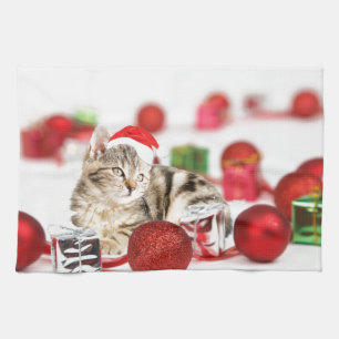 Cat wearing red Santa hat Christmas Ornament Kitchen Towel
