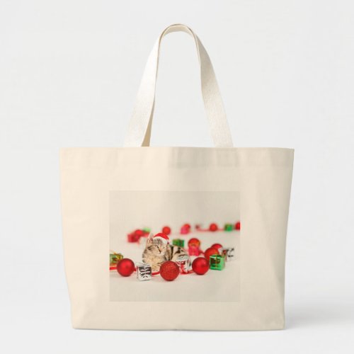 Cat wearing red Santa hat Christmas Ornament Large Tote Bag