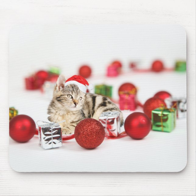 Cat wearing red Santa hat Christmas Ornament Mouse Pad (Front)