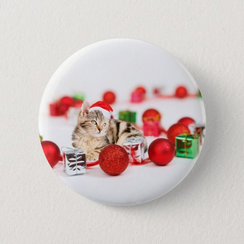 Cat wearing red Santa hat Christmas Ornament Pinback Button