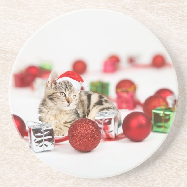 Cat wearing red Santa hat Christmas Ornament Sandstone Coaster (Front)