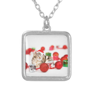 Cat wearing red Santa hat Christmas Ornament Silver Plated Necklace