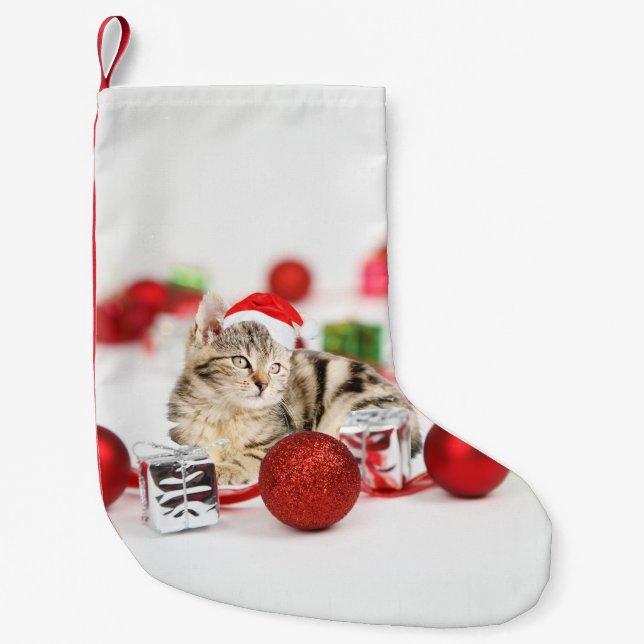 Cat wearing red Santa hat Christmas Ornament Small Christmas Stocking (Front)