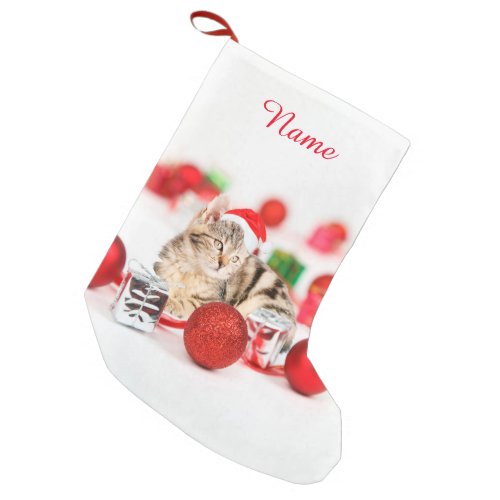 Cat wearing red Santa hat Christmas Ornament Small Christmas Stocking