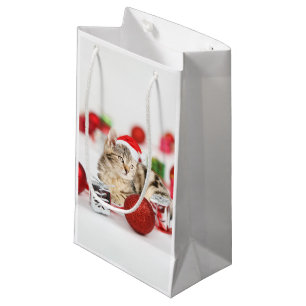 Cat wearing red Santa hat Christmas Ornament Small Gift Bag