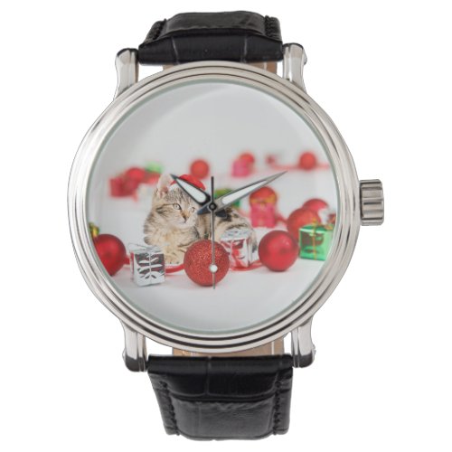 Cat wearing red Santa hat Christmas Ornament Watch