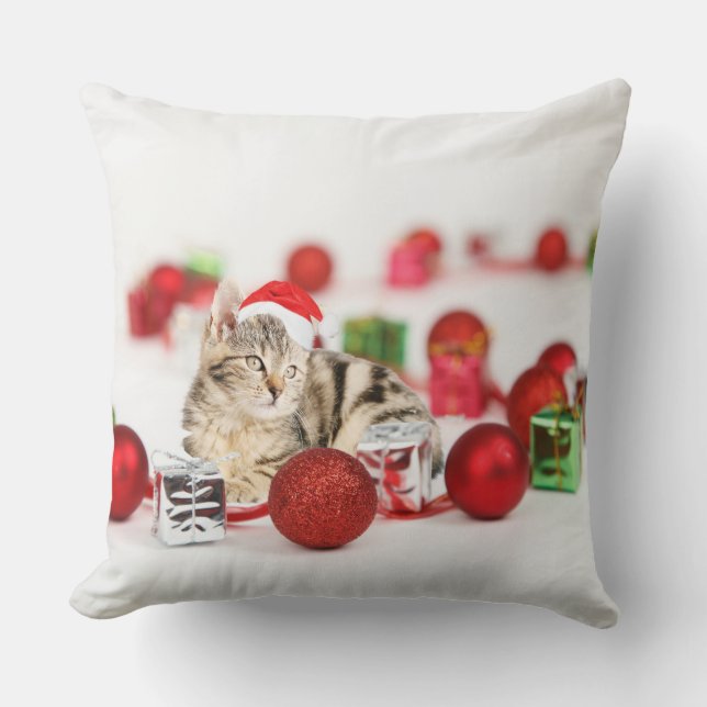 Cat wearing red Santa hat Christmas Throw Pillow (Front)